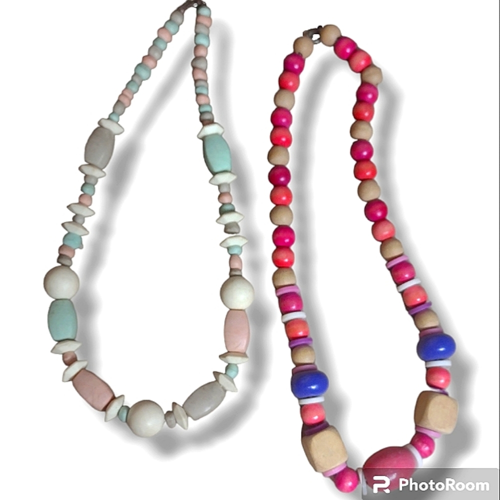 Set of Two Vintage Pastel Toned Wood Beaded Women's Necklaces